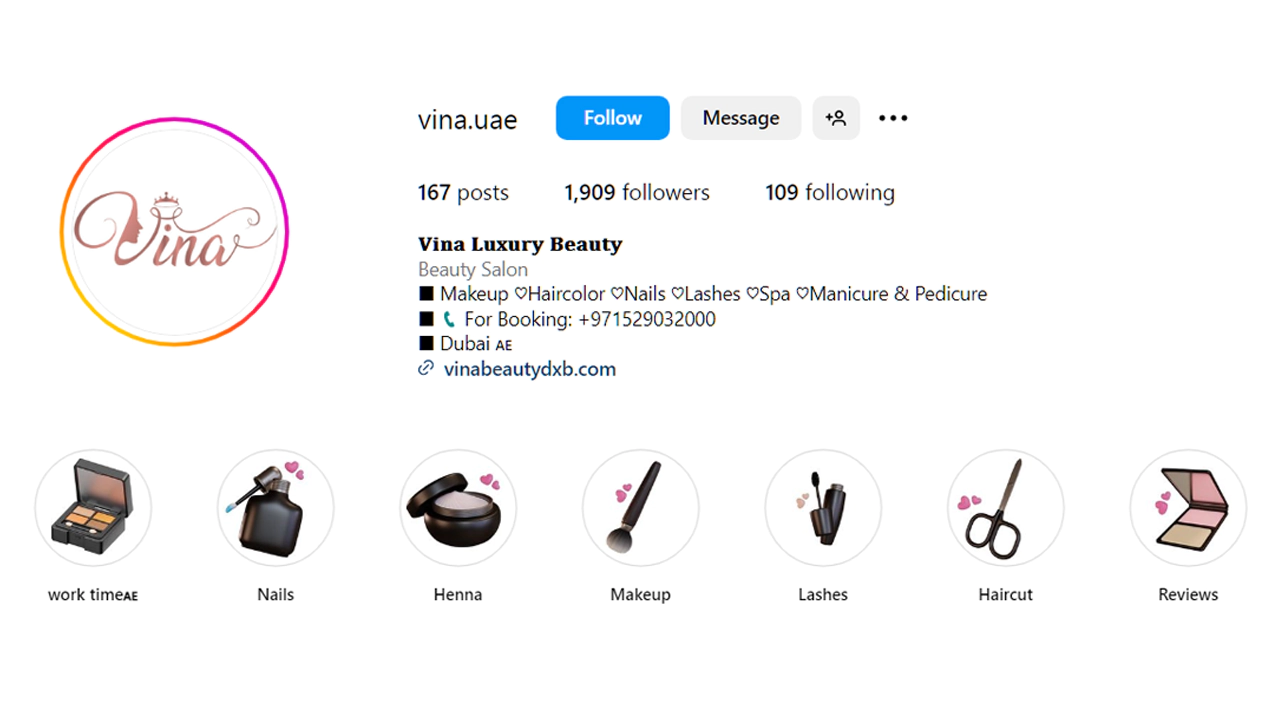 پیج اینستاگرام سالن زیبایی وینا بیوتی در دبی