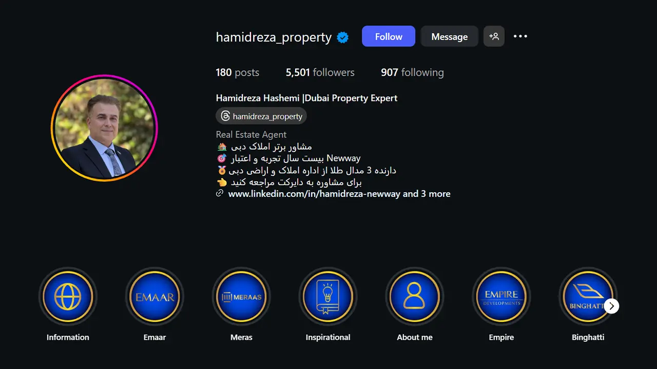 پیج اینستاگرام حمیدرضا هاشمی مشاور املاک ایرانی در دبی
